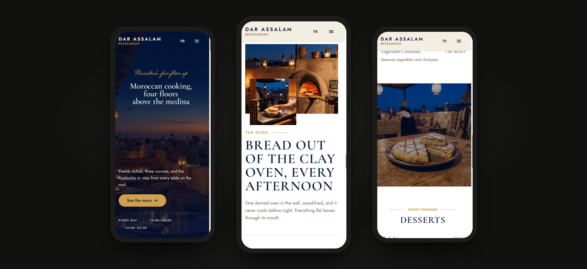 Dar Assalam on a phone: the home page, the collection and the bag.
