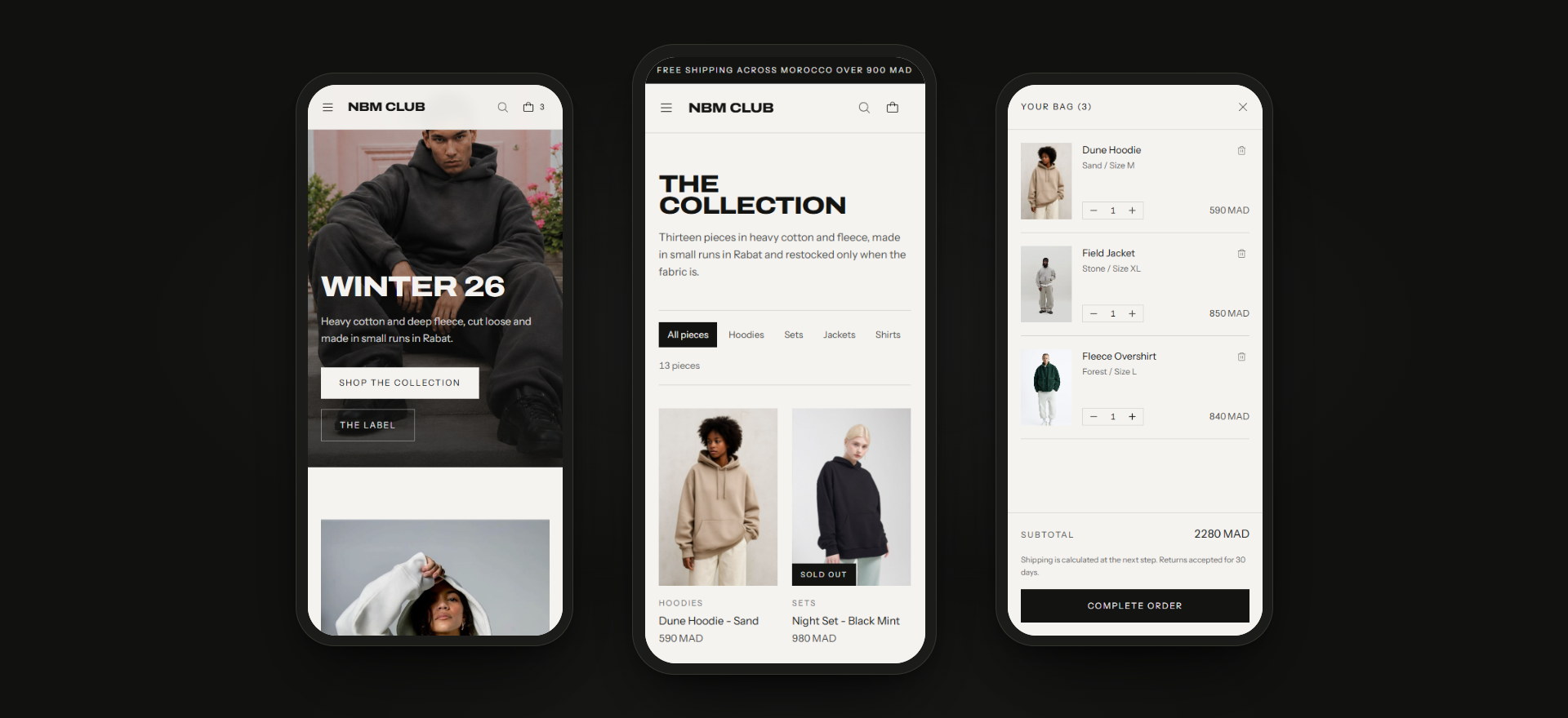 NBM CLUB on a phone: the home page, the collection and the bag.